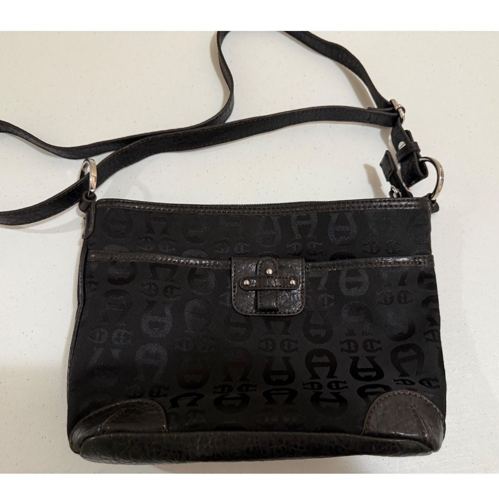 Vintage Etienne Aigner Black Jacquard Logo Crossbody Bag Brown Trim 57626